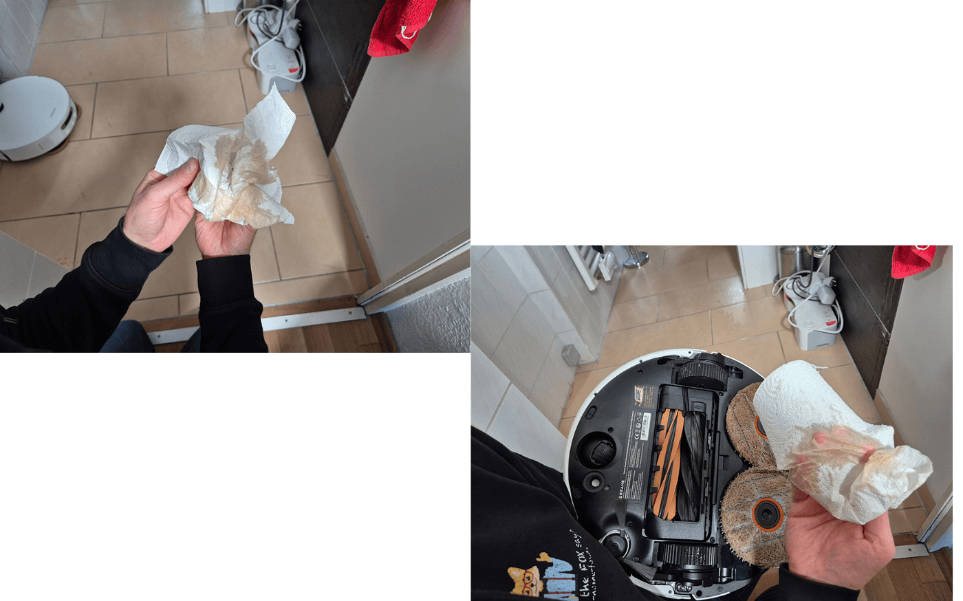 Die Wischpads des Dreame Matrix10 Ultra Complete werden im Test auf Schmutz geprüft.